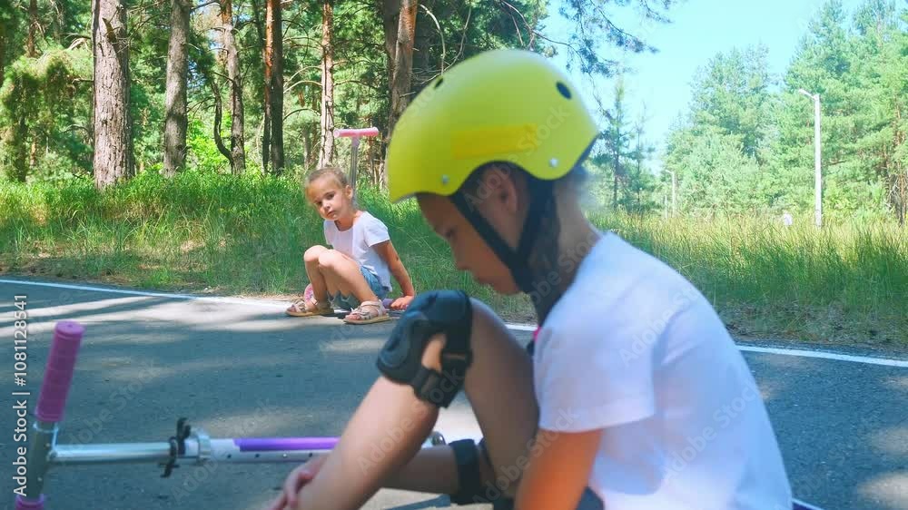 Child little girl fell off her scooter at summer park. Child getting ...