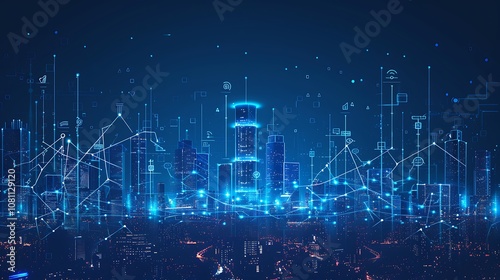 Futuristic cityscape with glowing lines and connections