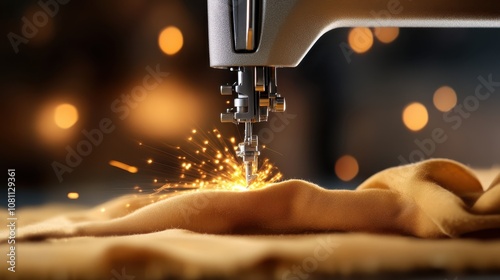 A sewing machine in action, creating fascinating sparks as it works on fabric, under warm ambient lighting, highlighting the intricate and creative process of sewing. photo