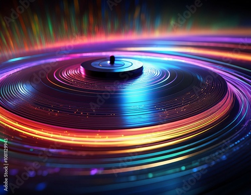 a close up of the surface of a vinyl record with neon grooves and light particles traveling along the paths