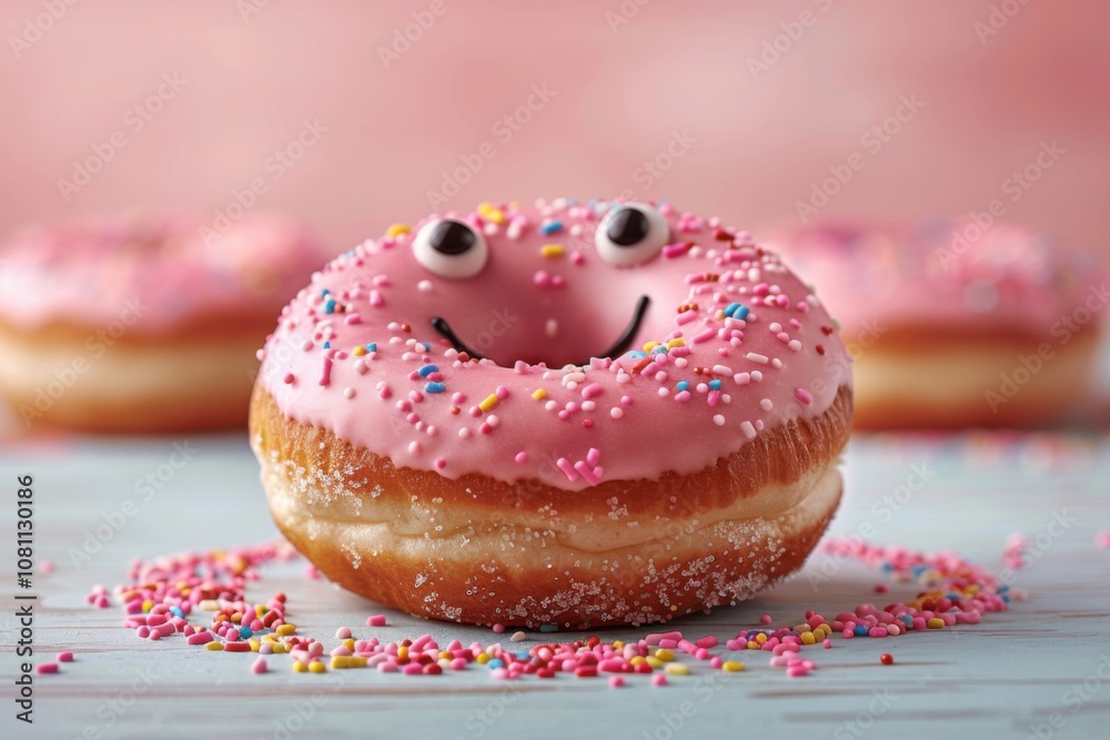Donuts with pink frosting and sprinkles on a table, food background