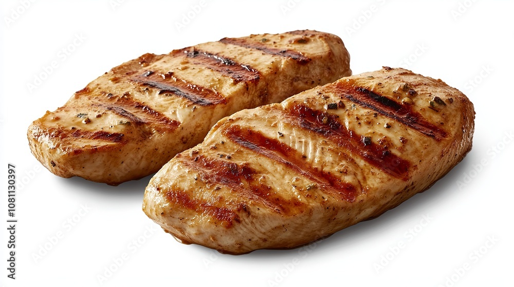 Juicy grilled chicken breast, ready to eat. The chicken is cooked to perfection and looks delicious. It's a great source of protein and a healthy meal option.
