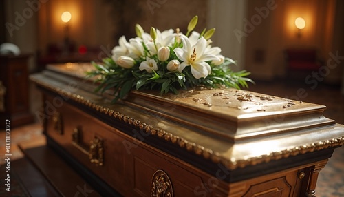 Wooden casket with white lilies in solemn funeral setting