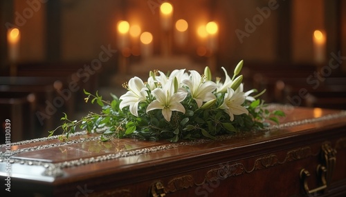 Wooden casket with white lilies in solemn funeral setting