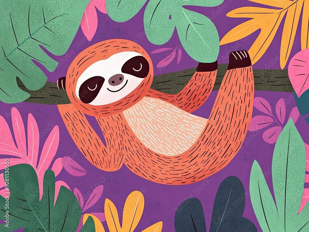 Obraz premium Adorable cartoon sloth relaxing on a tree branch surrounded by vibrant tropical leaves in a colorful jungle setting, perfect for nature-themed projects or children's content.