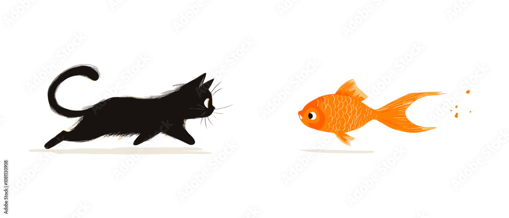 vector kitten catches fish on white background .Generative AI vector kitten catches fish on white background .Generative AI