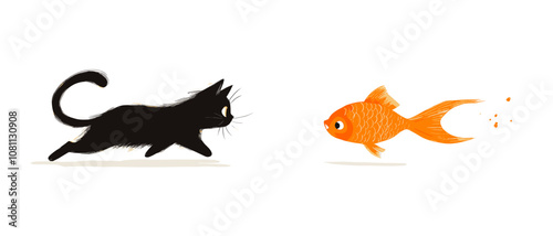 vector kitten catches fish on white background .Generative AI
