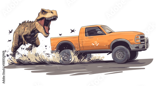 vector dinosaur catches up with car on white background .Generative AI