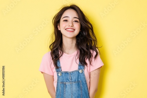 A smiling young woman in a pink shirt and denim overalls against a yellow background.