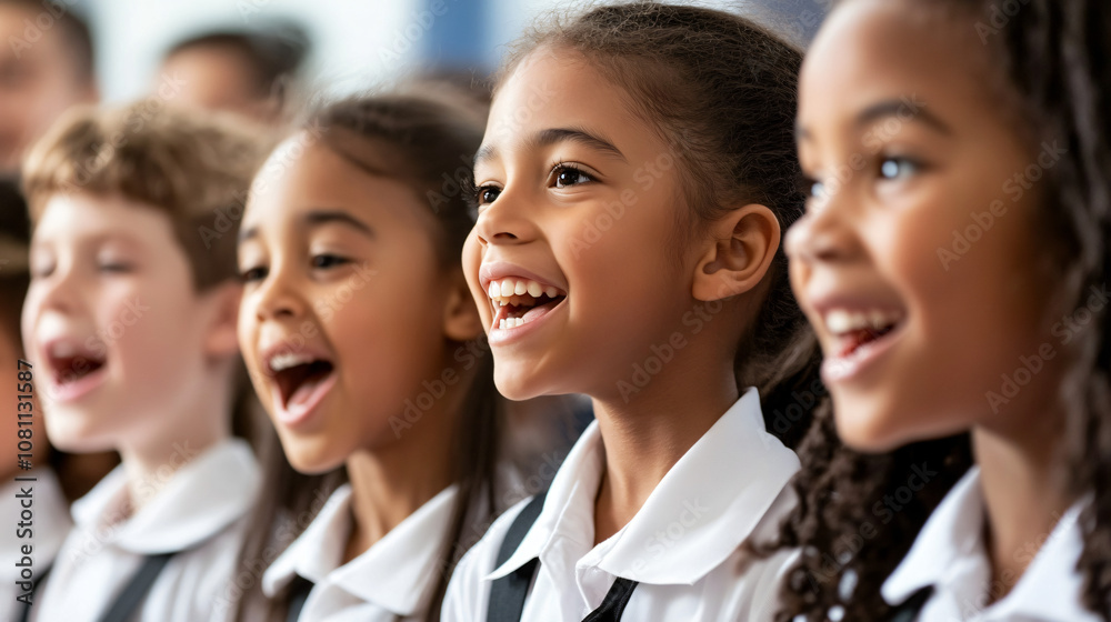 Diverse group of young students singing joyfully together, expressing their love for music in a school choir performance Diverse group of young students singing joyfully together, expressing their love for music in a school choir performance