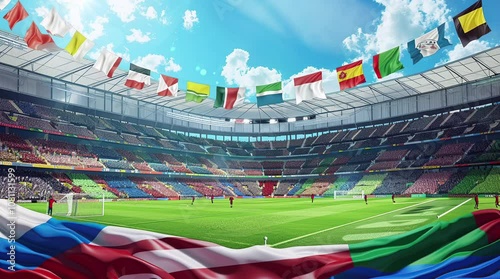 Football stadium under a clear blue sky on a bright sunny day
Seamless looping 4k time-lapse virtual video animation Generated AI