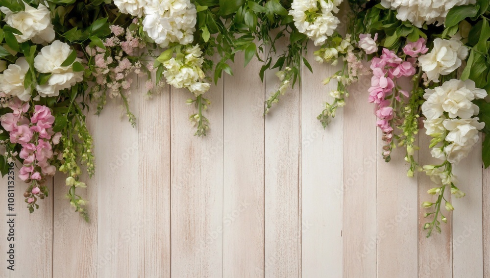 Floral arrangement with white and pink flowers against a wooden background. Floral arrangement with white and pink flowers against a wooden background.