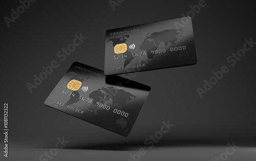 Black glossy credit cards mock up, dark black background, 3D Illustration