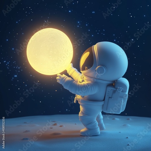 Cute 3D Cosmonaut Flying Horizontally to Touch the Glowing Moon