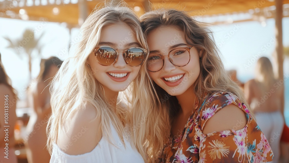 Two smiling young women enjoying a sunny day at a beach setting. Two smiling young women enjoying a sunny day at a beach setting.