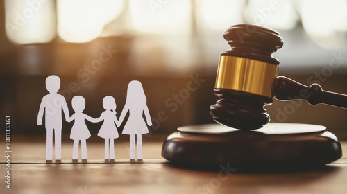  A white paper cutout of family next to the gavel in front of blurred background.