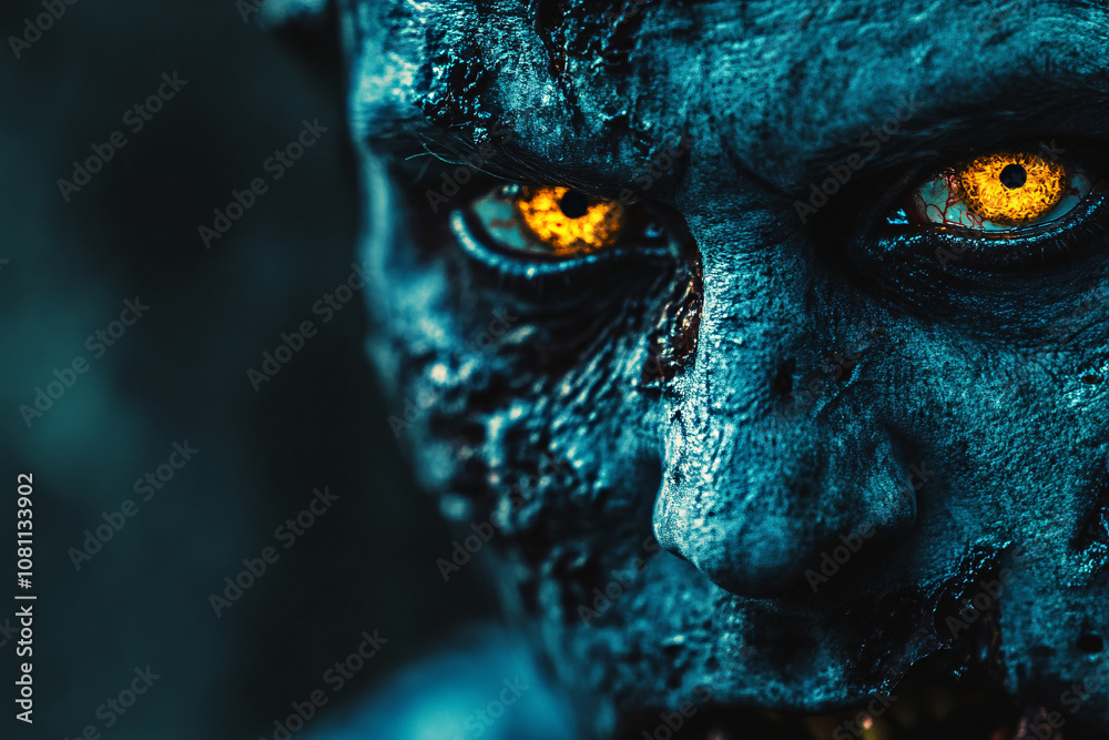 Close-up of a zombie with decayed skin and intense glowing yellow eyes set against a dark eerie background for a horror effect
Close-up of a zombie with decayed skin and intense glowing yellow eyes set against a dark eerie background for a horror effect