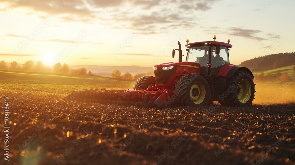Fototapeta premium Red Tractor Plowing a Field at Sunset