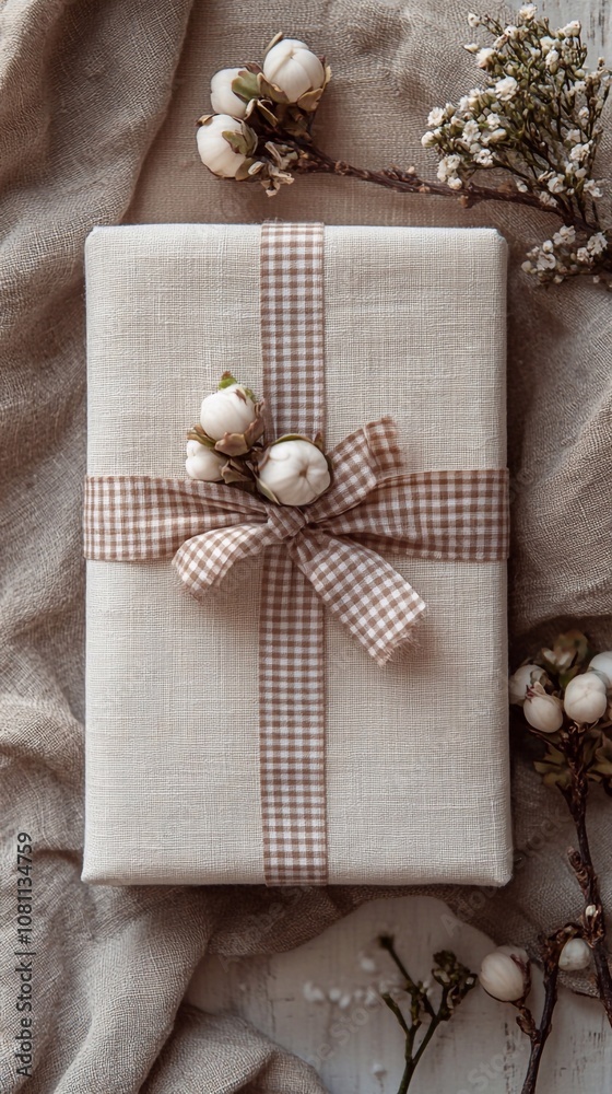 Fototapeta premium A gift box in soft white color, wrapped with an elegant bow in a cell, creates an elegant and festive look. The box is located in a New Year's atmosphere,