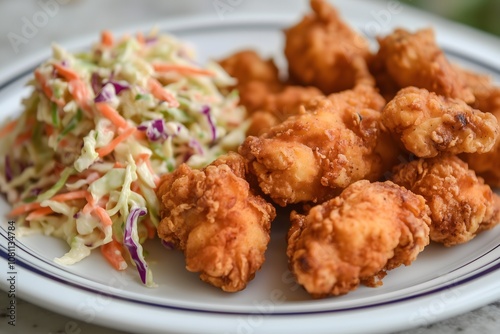 A plate of delicious fried chicken and coleslaw