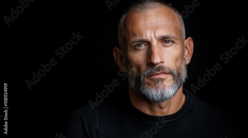 A confident middle-aged man with a grey beard poses against a dark background, wearing a black shirt. His serious expression exudes wisdom and maturity.