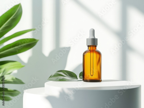 Amber dropper bottle on a pedestal surrounded by lush green foliage in soft morning light