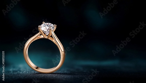 A close-up of an elegant gold engagement ring with a diamond.