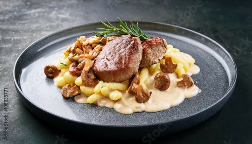 modern style traditional barbecue pork filet medaillons in cream sauce with chanterelle mushrooms and spaetzle offered as closeup on a nordic design plate generative ai photo