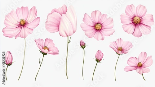 A collection of delicate pink flowers showcasing various stages of bloom against a soft background.