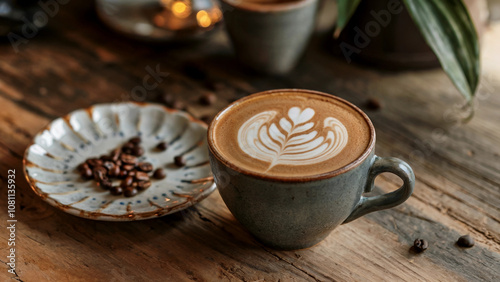 Artisan Latte with Leaf Latte Art in Rustic Ceramic Cup and Coffee Bean Plate