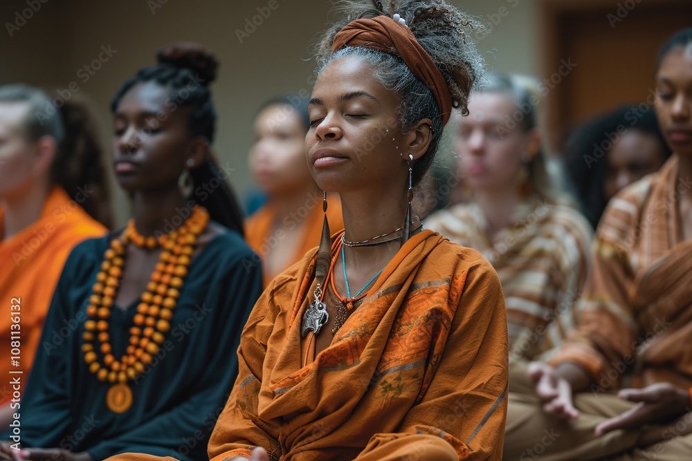 Participants in vibrant robes engage in a focused meditation session. The environment reflects tranquility, with a presence of diverse individuals deeply immersed in their practice Participants in vibrant robes engage in a focused meditation session. The environment reflects tranquility, with a presence of diverse individuals deeply immersed in their practice