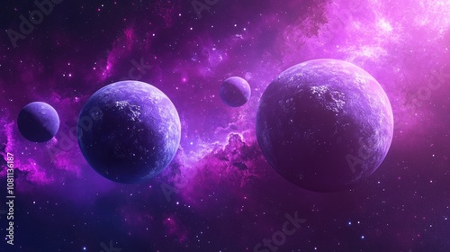 A mesmerizing cosmic scene featuring three purple planets amidst a vibrant nebula.