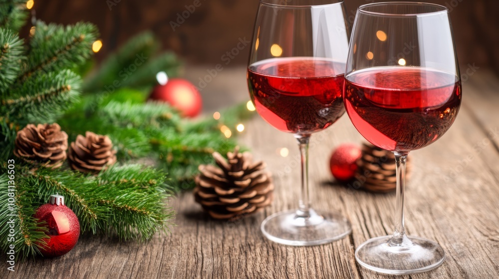 Two glasses of red wine on a table, ready for a toast. Two glasses of red wine on a table, ready for a toast.