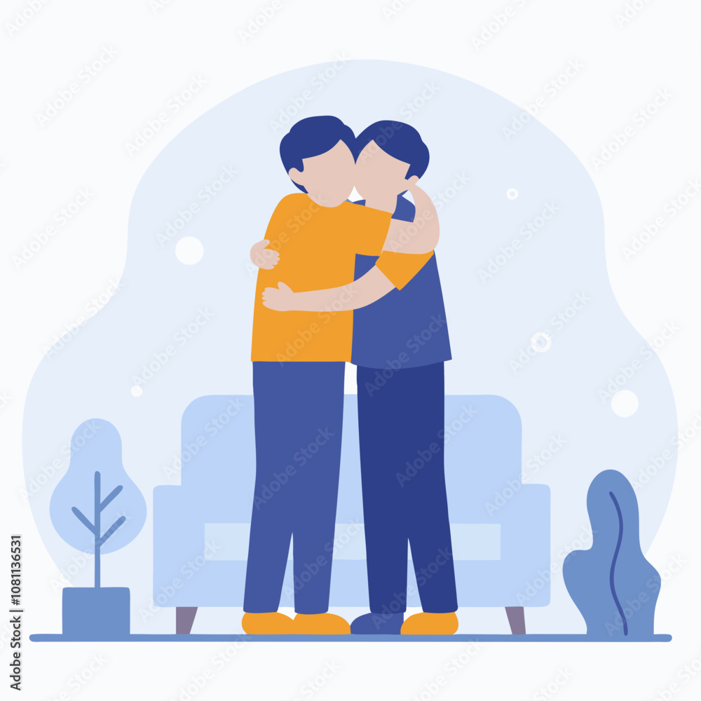 Fototapeta premium Two men hug each other in a living room. The couch is blue and the room is decorated with plants
