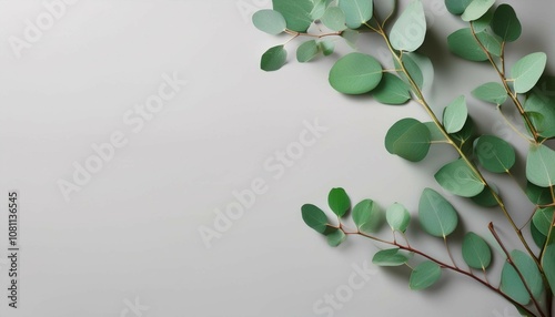 natural green eucalyptus branches on empty light grey background with copy space trendy layout with fresh plant eco spring concept skin care product advertising top view minimal compos generative ai photo