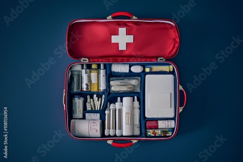 Red first aid kit with various medication pads and bandages inside. photo