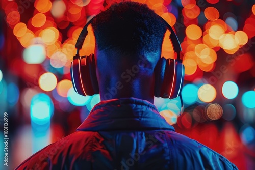 A man wearing a pair of headphones enjoying a silent disco. photo