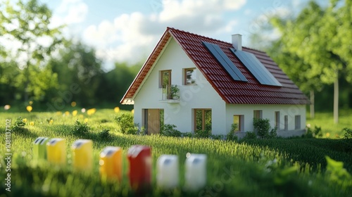 A modern, eco-friendly house with solar panels surrounded by lush green grass and colorful energy storage units.