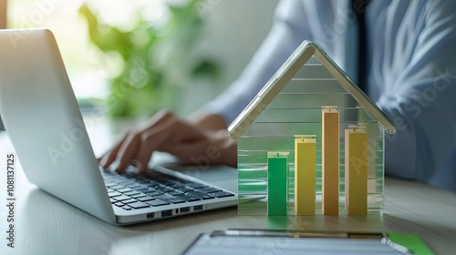 Businessman analyzing financial data with a model house and laptop, showcasing growth and investment in real estate.