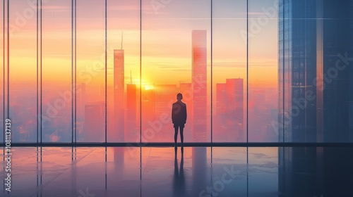 Silhouette of person overlooking city sunset