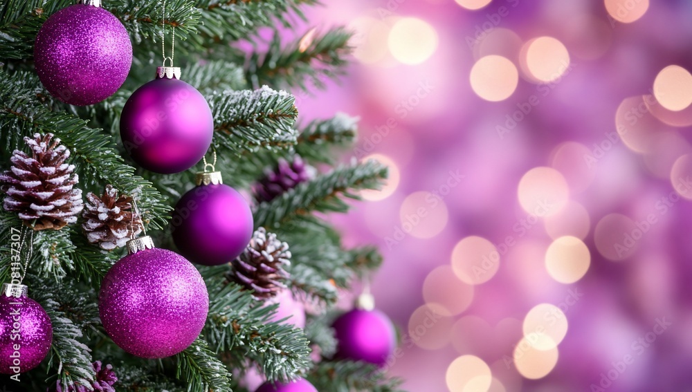 A festive Christmas tree adorned with purple ornaments and pinecones.