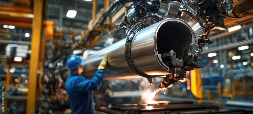 Fototapeta premium Industrial Manufacturing: Precise Robotic Welding of a Metal Cylinder