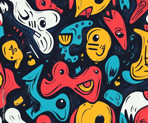 Vibrant graffiti art with abstract shapes and playful figures