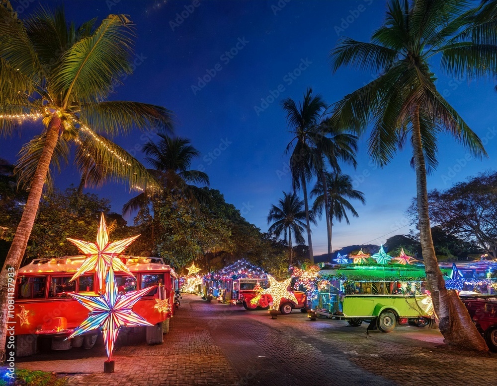 Obraz premium vibrant parol stars adorn festive streets lanterns aglow amidst palm trees and jeepneys capturing the unique fusion of christmas joy in the tropical philippine landscape
