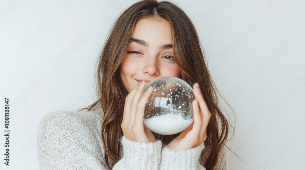 Young woman holding a snow globe in studio setting for holiday greeting card design Young woman holding a snow globe in studio setting for holiday greeting card design