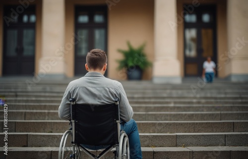 A young man in a wheelchair in front of a long row of steps leading into a building. Concept of infrastructure not being inclusive