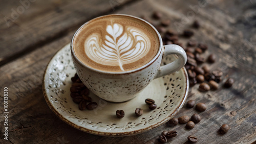Latte in Speckled Ceramic Cup with Leaf Art and Coffee Beans on Rustic Wooden Surface