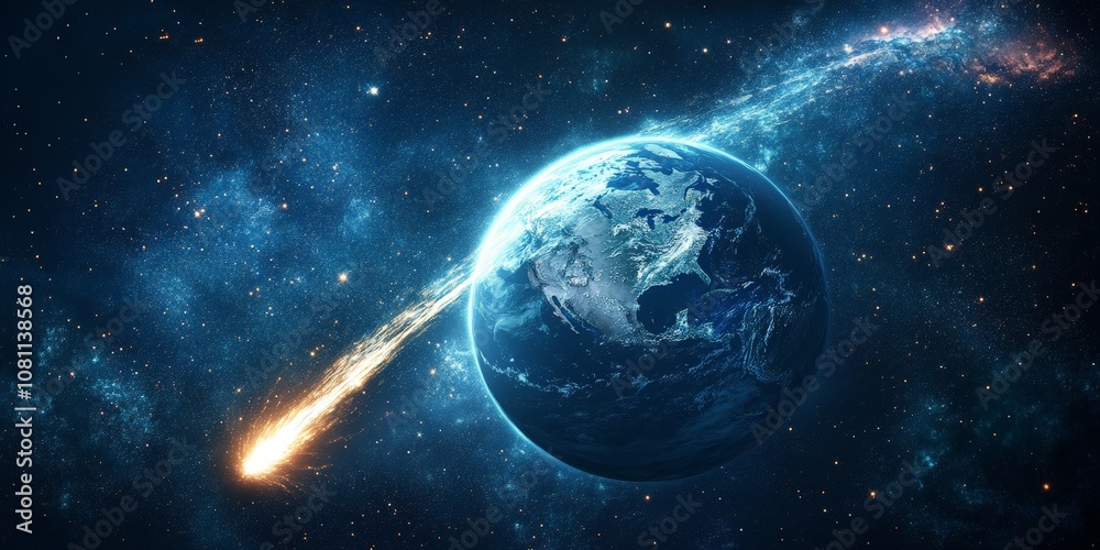 Obraz premium Comet passing planet Earth in outer space, cosmic scene for sci-fi visuals