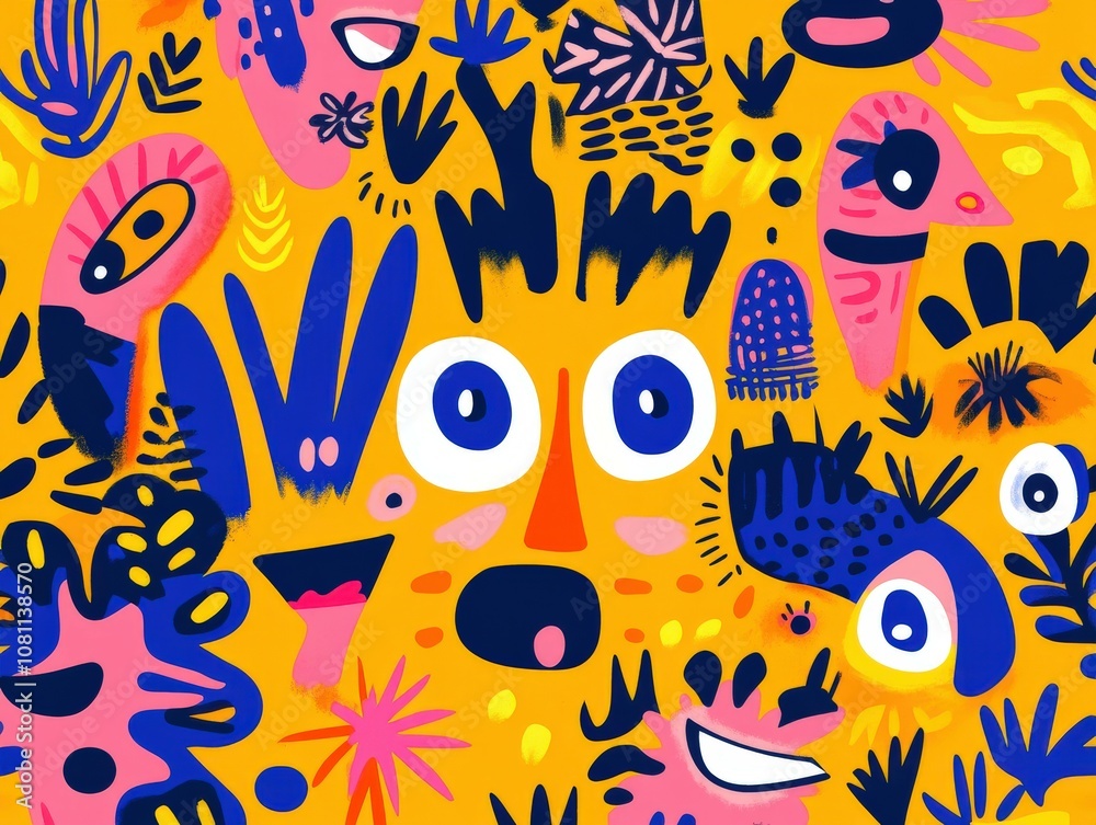 Fototapeta premium Vivid urban graffiti featuring colorful faces and abstract shapes