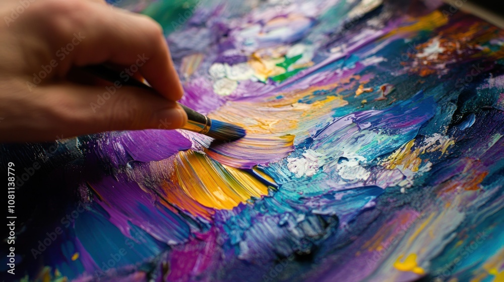 Fototapeta premium Close-up of Hand Painting Abstract Artwork with Brush